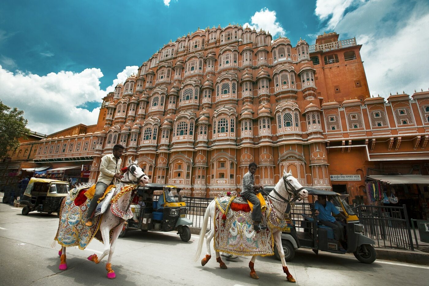 Decorated horses passing Hawa Mahal, Jaipur